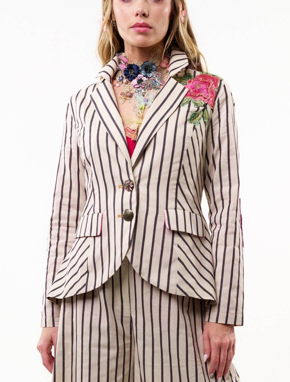 Aratta Striped Cream Blazer with Pink Rose Embroidery